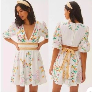 Anthropologie Floral Mini Dress - White with Multicolor Accents